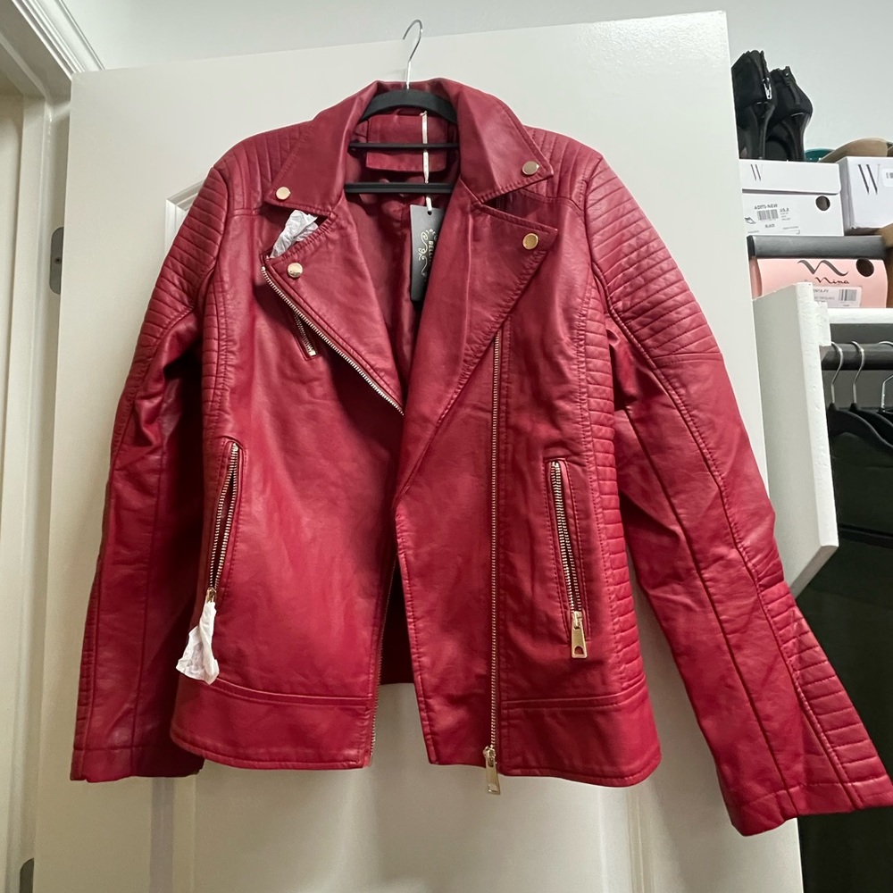 NWT Moto style faux leather jacket in red